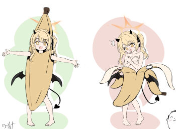 1girl banana banana_costume barefoot blonde_hair blue_archive covering_breasts covering_privates demon_tail demon_wings doodle_sensei_(blue_archive) embarrassed flatculture food fruit highres horns ibuki_(blue_archive) loli open_hand sensei_(blue_archive) sequential side_ponytail sketch smile standing tail topless_female wings yellow_eyes