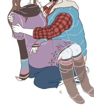 Rule 34 | 1boy, 1girl, bad end, blue vest, boots, brown boots, brown hair, dress, eyes out of frame, fingernails, hand on another's arm, hand on another's shoulder, head out of frame, junpei (kyokugen dasshutsu), klatrestativ, kneehighs, kurashiki akane, kyokugen dasshutsu, kyokugen dasshutsu: 9 jikan 9 nin 9 no tobira, long hair, long sleeves, mixed-language commentary, open mouth, plaid clothes, plaid shirt, purple dress, red shirt, see-through body, shirt, short hair, simple background, socks, spoilers, vest, white background