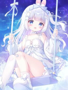 1girl :d animal_ears blue_eyes blush bow breasts camisole commentary_request commission frills hair_between_eyes hair_bow hair_ornament highres jacket long_hair looking_at_viewer on_swing open_clothes open_jacket open_mouth original shorts skeb_commission small_breasts smile solo swing usami_cocoa white_camisole white_hair white_shorts