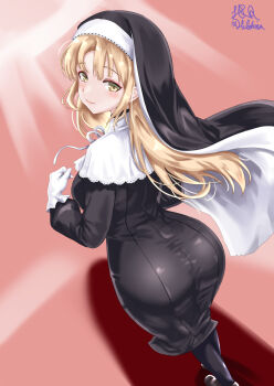 1girl absurdres ass black_leggings blonde_hair commentary gloves highres leggings long_hair looking_at_viewer looking_back nijisanji nun shirokuni_ochiho simple_background sister_claire sister_claire_(1st_costume) smile solo tight_clothes virtual_youtuber white_gloves yellow_eyes