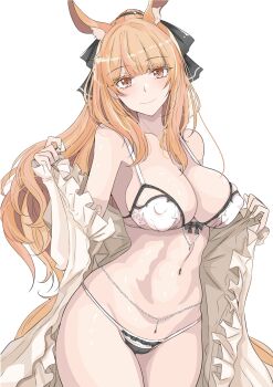 1girl absurdres animal_ear_fluff animal_ears arknights black_panties blemishine_(arknights) blonde_hair blunt_bangs blush bow bow_bra bra breasts collarbone commentary_request covered_erect_nipples cowboy_shot dress extra_ears flashing highres horse_ears horse_girl horse_tail jewelry ken_(shutenndouji1) large_breasts linea_alba long_hair long_sidelocks long_sleeves looking_at_viewer micro_panties navel nightgown open_clothes open_dress panties ponytail sidelocks simple_background smile solo spaghetti_strap stomach tail undersized_breast_cup underwear white_background white_bra white_nightgown yellow_eyes
