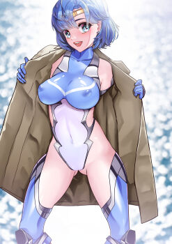 1girl absurdres arion_canvas bare_shoulders bishoujo_senshi_sailor_moon blue_eyes blue_gemstone blue_hair bodysuit breasts brooch coat covered_erect_nipples covered_navel earrings elbow_gloves gem gloves gluteal_fold highres impossible_clothes jewelry large_breasts leotard lips mizuno_ami open_clothes open_coat open_mouth public_indecency sailor_mercury short_hair skin_tight smile solo stud_earrings swept_bangs taimanin_(series) taimanin_suit thighhighs