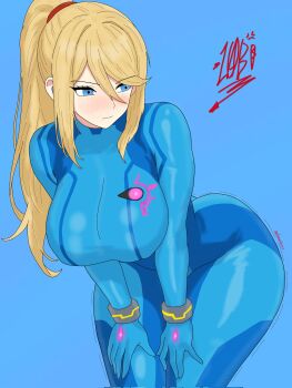 1girl bent_over blonde_hair blue_background blue_bodysuit blue_eyes blush_stickers bodysuit breasts commentary cowboy_shot drawlab33t english_commentary hair_between_eyes hair_ornament high_ponytail highres large_breasts leaning_forward long_hair looking_back metroid nintendo ponytail samus_aran signature simple_background skin_tight solo thighs tight_clothes wide_hips zero_suit
