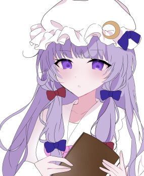 Rule 34 | 1girl, absurdres, blue bow, blunt bangs, book, bow, breasts, chest bow, collarbone, commentary, crescent, crescent hat ornament, dress, hair bow, hands up, hat, hat bow, hat ornament, highres, holding, holding book, long hair, long sleeves, looking at viewer, medium breasts, mob cap, patchouli knowledge, pink bow, puffy long sleeves, puffy sleeves, purple eyes, purple hair, raruse06, red bow, sailor collar, sidelocks, simple background, solo, symbol-only commentary, teeth, touhou, upper body, white background, white dress, white hat