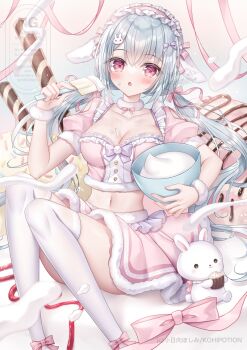 1girl :o animal animal_ears bow breasts cleavage collarbone commentary_request crop_top cupcake food food_on_body food_on_face frilled_hairband frills fur-trimmed_skirt fur_trim gloves grey_hair hair_between_eyes hair_bow hair_ornament hairband hand_up holding hugging_object in_food kohinata_hoshimi long_hair low_twintails medium_breasts midriff mini_person minigirl mixing_bowl navel original parted_lips pink_bow pink_hairband pink_shirt pink_skirt puffy_short_sleeves puffy_sleeves purple_bow rabbit rabbit_ears rabbit_hair_ornament red_eyes shirt short_sleeves skirt solo thighhighs twintails very_long_hair wafer_stick whipped_cream white_thighhighs