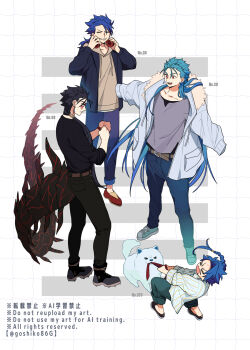 &gt;_&lt; 4boys belt black_hair black_jacket black_pants black_shirt black_vest blue_hair blue_pants body_markings brown_belt brown_hoodie closed_eyes collarbone collared_shirt cu_chulainn_(caster)_(fate) cu_chulainn_(fate) cu_chulainn_(fate/prototype) cu_chulainn_alter_(fate) dog earrings fang fate/grand_order fate_(series) full_body goshiko86g grey_shirt grid_background grin headphones headphones_around_neck highres hood hoodie jacket jewelry leaning_back long_sleeves looking_at_another looking_down male_focus multiple_boys multiple_persona pants setanta_(fate) shirt shoes sleeves_rolled_up smile sneakers spiked_boots spiked_tail striped_clothes striped_shirt tail teeth tug_of_war vest white_jacket