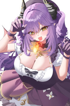 1girl absurdres black_bow black_collar bow breasts claw_pose cleavage collar commentary dragon_girl dragon_horns fang feet_out_of_frame fire gloves hands_up highres horns huge_breasts kkaennip long_hair looking_at_viewer open_mouth parted_bangs purple_gloves purple_hair purple_skirt sakihane_huya shirt shirt_bow simple_background skin_fang skirt solo stellive v-shaped_eyebrows very_long_hair virtual_youtuber white_background white_shirt yellow_eyes