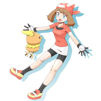 Rule 34 | 1girl, bandana, blue eyes, breasts, brown hair, collarbone, collared shirt, full body, gen 3 pokemon, gloves, haru (haru4782), highres, looking at another, may (pokemon), medium breasts, nintendo, open mouth, pokemon, pokemon (creature), pokemon rse, red bandana, red footwear, red shirt, shirt, simple background, solo, torchic, white background