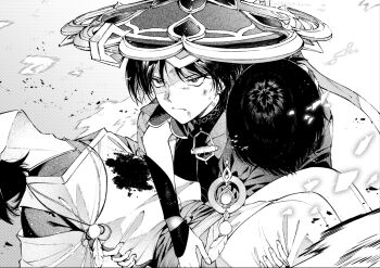 3boys adam's_apple arm_on_another's_shoulder arm_over_shoulder armor belt blood blood_on_clothes blunt_ends bodysuit bruise bruise_on_face carrying carrying_person constricted_pupils dekasugiburun feathers genshin_impact hat highres injury japanese_armor japanese_clothes jingasa kariginu kimono kote layered_clothes layered_kimono mandarin_collar monochrome multiple_boys multiple_persona neck open_clothes open_hand open_kimono pants parted_bangs pom_pom_(clothes) princess_carry sash scaramouche_(genshin_impact) scaramouche_(kabukimono)_(genshin_impact) short_sleeves string tsurime unconscious vision_(genshin_impact) wanderer_(genshin_impact)