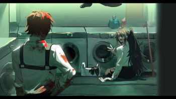 2boys black_eyes black_hair black_pants blood blood_on_clothes blue_background blue_eyes brown_hair chinese_commentary collared_shirt commentary_request dark-skinned_male dark_skin heathcliff_(project_moon) heterochromia high_ponytail highres hong_lu_(project_moon) indoors kiscript laundromat limbus_company long_hair long_sleeves looking_at_another male_focus multiple_boys open_mouth pants ponytail project_moon scar shirt short_hair simple_background sitting upper_body waving white_shirt