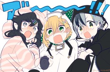 Rule 34 | 1girl, 2boys, @ @, absurdres, animal ears, animal hood, black hair, black jacket, blonde hair, blue eyes, crescent, crescent hair ornament, drawstring, ear piercing, earrings, fake animal ears, green eyes, grey hair, hair between eyes, hair ornament, hairclip, highres, holding, hood, hood up, hooded jacket, hoodie, izumo kasumi (nijisanji), jacket, jewelry, multicolored hair, multiple boys, nijisanji, ninahachi, piercing, simple background, sketch, star (symbol), star hair ornament, streaked hair, striped clothes, striped jacket, suzuki masaru, suzuki masaru (spring casual), tears, translation request, turn pale, twitter username, uzuki kou, v-shaped eyebrows, virtual youtuber, white background, white hoodie, yellow eyes