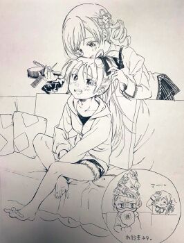 2girls ^_^ anger_vein beehive_hairdo blush_stickers bow chin_rest closed_eyes collarbone collared_shirt comb commentary_request couch crossed_legs denim denim_shorts drill_hair fang flying_sweatdrops full_body fur-trimmed_shorts fur_trim furrowed_brow greyscale hair_bow hair_ornament hairpin hand_in_another's_hair hand_mirror hands_on_lap head_on_head head_rest high_collar highres holding holding_comb holding_hairband holding_mirror hood hood_down hooded_jacket jacket juliet_sleeves lace lace-trimmed_shirt lace-trimmed_sleeves lace_trim long_hair long_sleeves looking_at_another mahou_shoujo_madoka_magica mahou_shoujo_madoka_magica_(anime) miniskirt mirror mitakihara_school_uniform monochrome multiple_girls no+bi= on_couch open_mouth photo_(medium) plaid_clothes plaid_skirt pleated_skirt ponytail puffy_sleeves sakura_kyoko school_uniform sequential shaded_face shell shell_hair_ornament shirt shorts sitting skirt smile star_(symbol) star_hair_ornament teeth tomoe_mami traditional_media twin_drills upper_teeth_only wiping_sweat yuri