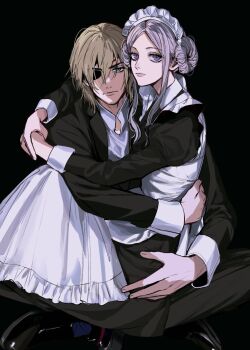 Rule 34 | 1boy, 1girl, alternate costume, amikoiiko, apron, arms around neck, black background, black dress, black shoes, black suit, blonde hair, blue eyes, blue socks, butler, closed mouth, collared shirt, dimitri alexandre blaiddyd, dimitri alexandre blaiddyd (timeskip), double bun, dress, edelgard von hresvelg, edelgard von hresvelg (timeskip), enmaided, expressionless, eyepatch, fingernails, fire emblem, fire emblem: three houses, formal clothes, frilled apron, frills, full body, hair between eyes, hair bun, highres, holding, indian style, juliet sleeves, lapels, loafers, long hair, long sleeves, looking at viewer, maid, maid apron, maid headdress, medium hair, mismatched eyebrows, nintendo, notched lapels, one eye covered, pants, pink lips, puffy sleeves, purple eyes, red ribbon, ribbon, shirt, shoes, simple background, sitting, sitting on lap, sitting on person, sitting sideways, socks, straight-on, suit, thick lips, white apron, white hair, white shirt, white wrist cuffs, wrist cuffs