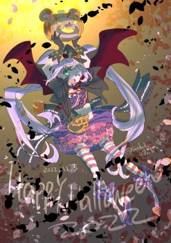 1girl character_request dated full_body halloween halloween_costume happy_halloween jack-o&#039;-lantern long_hair looking_at_viewer one_eye_closed open_mouth precure pumpkin sadako0725 smile solo striped_clothes striped_thighhighs thighhighs