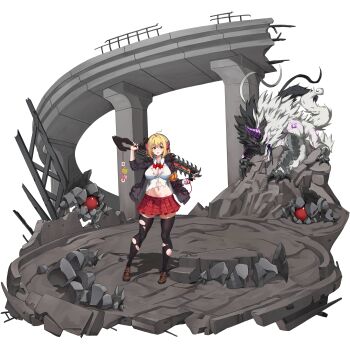 Rule 34 | 1girl, ahoge, armor, black fur, black jacket, black thighhighs, blonde hair, blush, bow, bowtie, breasts, breasts apart, brown shoes, cellphone, chainsaw, chainsword, charm (object), checkered clothes, checkered skirt, claws, collared shirt, donut, fangs, flower, food, frog, full body, fur-trimmed jacket, fur trim, haru estia, headphones, heart, highres, holding, holding phone, holding sword, holding weapon, horns, impossible clothes, impossible shirt, jacket, large breasts, last origin, legs apart, linea alba, listening to music, looking to the side, mary janes, miniskirt, monster, navel, non-web source, official alternate costume, official art, open clothes, open jacket, open mouth, patch, phone, pink flower, plate armor, pleated skirt, purple horns, red bow, red bowtie, red skirt, rubble, ruins, shirt, shoes, short hair, sidelocks, single horn, skindentation, skirt, smartphone, smile, soulworker, standing, steel beam, sword, sword on back, tachi-e, teeth, thighhighs, tongue, torn clothes, torn shirt, torn thighhighs, transparent background, two-tone fur, u-rix, upper teeth only, weapon, weapon on back, white fur, white shirt, wolf, zettai ryouiki