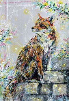 Rule 34 | abstract, absurdres, animal, animal focus, brick wall, commentary, english commentary, fox, highres, madmar, nature, no humans, on wall, original, painting (medium), traditional media