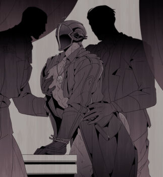3boys anal ass bara bondrewd border bound bound_wrists coat commentary_request covered_eyes covered_face curtains faceless faceless_male formal_clothes from_behind gloves grabbing_another&#039;s_breast grabbing_from_behind greyscale groping groping_breast hand_on_another&#039;s_chest helmet highres implied_sex jacket limited_palette made_in_abyss male_focus male_penetrated mask masked masked_male monochrome multiple_boys muscular muscular_male nipples open_clothes open_coat open_jacket overcoat pants pec_grasp scar scar_on_chest scar_on_leg sex sex_from_behind shaded_face shirt spes_2323 suit sweat topless_female topless_male unworn_pants unworn_shirt vest waist_grab whistle whistle_around_neck yaoi