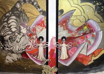 1girl absurdres age_comparison baby_animal closed_eyes commentary_request grey_hair highres horns japanese_clothes kimono layered_kimono long_hair looking_at_another multiple_views original pointy_ears print_kimono red_kimono shiguretau single_horn sliding_doors smile tassel tiger tiger_cub traditional_media