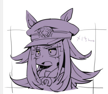 1girl animal_ears beer_hsk chibi ears_through_headwear fenomeno_(umamusume) hat horse_ears long_hair monochrome open_mouth peaked_cap school_uniform shirt solo thick_eyebrows tracen_school_uniform translation_request umamusume v-shaped_eyebrows white_background