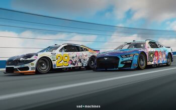 3d absurdres artist_name asamiya_mariko_(holeecrab) bass_pro_shops blender_(medium) car cartoon_network cloud copyright_name ford ford_mustang ford_mustang_s550 ford_mustang_s650 fuwawa_abyssgard fuwawa_abyssgard_(1st_costume) goodyear highres hololive hololive_english itasha kawaii_fitment la+_darknesss logo_parody mister_donut mococo_abyssgard mococo_abyssgard_(1st_costume) motion_blur motor_vehicle nascar no_humans pacific_racing_team race_vehicle racecar racetrack sad.machines sakura_miko sky sponsor takane_lui vehicle_focus virtual_youtuber