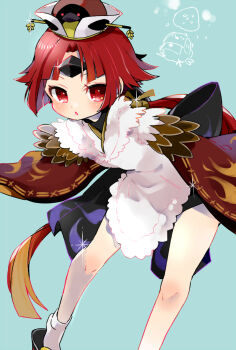 1girl :o apron beni-enma beni-enma_(first_ascension) bent_over bird bird_hat black_sandals blue_background commentary fate/grand_order fate_(series) food foot_out_of_frame glint hair_ribbon inset japanese_clothes kaname_ryou kimono long_hair looking_at_viewer low_ponytail okobo onigiri parted_bangs parted_lips platform_sandals ponytail red_eyes red_hair ribbon sandals sideways_glance simple_background socks solo sparrow very_long_hair white_apron white_socks wide_sleeves yellow_ribbon