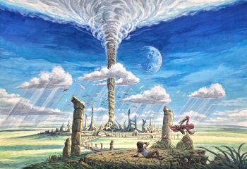 1boy absurdres bird cloud grandia grandia:_parallel_trippers grass highres koichi_noda moon official_art seagull solo sword weapon