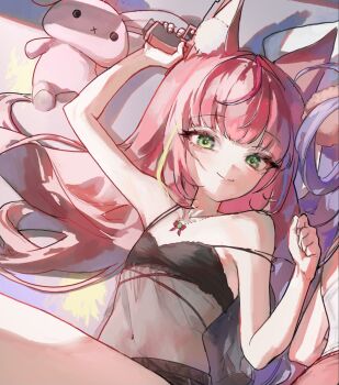 2girls animal_ear_fluff animal_ears arm_up black_bra black_negligee bra closed_mouth commentary flat_chest from_above green_eyes gun hair_spread_out hanako_nana hand_up handgun highres holding holding_gun holding_weapon kemonomimi_mode lingerie long_hair looking_at_viewer lying multicolored_hair multiple_girls navel negligee on_back out_of_frame oxoxozoa peto_(hanako_nana) pink_hair see-through_clothes smile solo_focus stellive stomach strap_slip streaked_hair stuffed_animal stuffed_rabbit stuffed_toy tenko_shibuki underwear virtual_youtuber weapon wispy_bangs