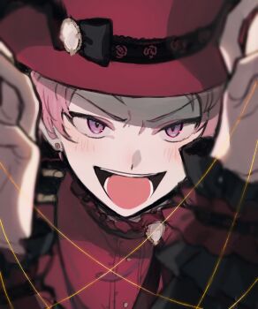1boy absurdres black_bow bone_suimin bow earrings ensemble_stars! floral_print flower hat highres itsuki_shu jewelry male_focus open_mouth pink_hair protected_link purple_eyes red_hat rose short_bangs solo string stud_earrings teeth top_hat