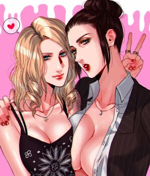 2girls asymmetrical_docking blonde_hair blue_eyes breast_press breasts brown_hair business_suit cleavage closed_mouth collared_shirt dead_by_daylight elina_kuroe_no_daarin formal_clothes hair_bun jane_romero jewelry kate_denson large_breasts lipstick long_hair long_sleeves looking_at_viewer makeup multiple_girls nail_polish necklace parted_bangs pendant pout red_lips red_nails ring shirt sidelocks single_hair_bun smile suit tank_top tattoo v wavy_hair white_shirt yuri