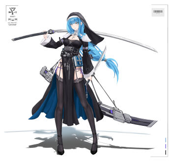 Rule 34 | 1girl, asymmetrical dual wielding, bare hips, belt, bible (object), black veil, blue eyes, blue hair, blue nails, blunt bangs, breasts, cleavage, concept art, cross, cyberpunk, dual wielding, expressionless, full body, garter belt, garter straps, high heels, highres, holding, holding sword, holding weapon, katana, latin cross, long hair, long legs, long sleeves, low-tied long hair, medium breasts, nun, original, pelvic curtain, pumps, sanpaku, sword, tachi (weapon), thighhighs, thighs, tsurime, veil, very long hair, weapon, wide sleeves, yuzuriha (atelier liang)