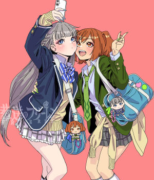 2girls :d alternate_costume arm_up bad_tag bag bag_charm blue_bow blue_bowtie blue_eyes blue_jacket blue_nails blush bow bowtie brown_eyes brown_hair brown_sweater character_charm charm_(object) closed_mouth clothes_around_waist commentary_request contemporary copyright_name diagonal-striped_bow diagonal-striped_bowtie diagonal-striped_clothes dot_mouth fake_nails feet_out_of_frame fingernails green_jacket green_nails grey_hair grey_skirt gyaru highres holding holding_phone jacket kanne_(sousou_no_frieren) kogal lawine_(sousou_no_frieren) layered_sleeves long_fingernails long_hair long_sleeves looking_at_phone looking_up low-tied_long_hair miniskirt multiple_girls open_clothes open_jacket open_mouth phone pink_background plaid_clothes plaid_skirt pleated_skirt school_bag school_uniform shirt short_hair shoulder_bag simple_background skirt smile sousou_no_frieren standing straight_hair striped_bow striped_bowtie striped_clothes sweater sweater_around_waist taking_picture two_side_up v very_long_hair watermark white_shirt wing_collar yamashita_shun'ya