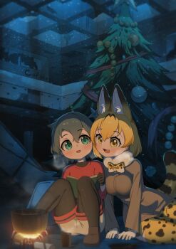 Rule 34 | 2girls, abandoned, absurdres, animal ears, animal print, black hair, blonde hair, blush, book, breasts, broken window, building, chis (js60216), christmas, christmas tree, coat, commentary request, cooking pot, dilapidated, elbow gloves, fang, fur-trimmed coat, fur trim, gloves, highres, kaban (kemono friends), kemono friends, large breasts, multiple girls, open mouth, pantyhose, pantyhose under shorts, post-apocalypse, reading, red sweater, rubble, ruins, serval (kemono friends), shirt, short hair, shorts, skirt, smile, sweater, tail, thighhighs, wreckage