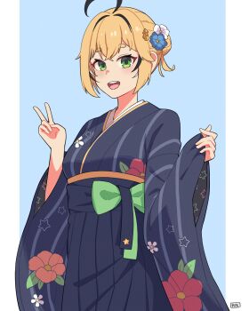 1girl absurdres ahoge alternate_costume black_streaks blonde_hair blue_background blue_flower blue_kimono blue_skirt border bow commentary dooby english_commentary floral_print floral_print_kimono flower green_bow green_eyes hair_bun hair_flower hair_ornament hakama hakama_skirt highres indie_virtual_youtuber japanese_clothes kimono long_sleeves mikeemyk1 multicolored_hair open_mouth pillarboxed pleated_skirt print_kimono short_hair signature simple_background single_hair_bun skirt solo star_(symbol) star_print streaked_hair teeth upper_teeth_only v virtual_youtuber white_border white_flower white_streaks wide_sleeves