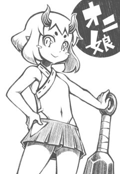 1girl :> blush_stickers breasts closed_mouth club_(weapon) commentary_request covered_navel criss-cross_halter cropped_legs from_below halterneck hand_on_own_hip highleg highleg_panties looking_at_viewer medium_hair oni original panties pleated_skirt pointy_ears saboten_(rdfp4428) skirt small_breasts smile solo text_background translation_request underwear weapon