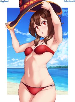 1girl armpits beach bikini breasts brown_hair cloud commentary cowboy_shot english_commentary hat holding holding_unworn_clothes holding_unworn_hat kono_subarashii_sekai_ni_shukufuku_wo! megumin navel o-ring o-ring_bikini o-ring_top ocean red_bikini red_eyes shigokin_(baller4jesus27) short_hair signature small_breasts solo swimsuit thighs tree unworn_hat unworn_headwear witch_hat