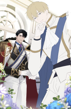 Rule 34 | 2boys, :d, absurdres, black hair, black vest, blonde hair, blue eyes, blue sash, brooch, coat, epaulettes, flower, frills, fur collar, gloves, gold trim, grin, hand on own chin, highres, jewelry, kim dokja, lapel chain, looking at viewer, multiple boys, official alternate costume, omniscient reader's viewpoint, open mouth, red coat, ricardo von kaizenix, sash, schweichen von kaizenix, short hair, smile, tanppopo9, tunic, vest, white gloves, white tunic, yoo joonghyuk