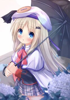Rule 34 | 1girl, bat hair ornament, black umbrella, blonde hair, blue eyes, bow, cloak, flower, hair ornament, hat, highres, holding, holding umbrella, kud wafter, kudpoid (71139), little busters!, little busters! school uniform, long hair, looking at viewer, miniskirt, noumi kudryavka, parted lips, pink bow, plaid clothes, plaid skirt, pleated skirt, school uniform, skirt, solo, thighhighs, umbrella, white cloak, white hat