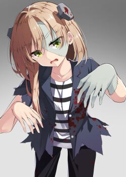 1girl absurdres alternate_costume alternate_hairstyle black_jacket black_pants blood blood_on_clothes brown_hair buttons collarbone colored_skin commentary cosplay cowboy_shot eyes_visible_through_hair frankenstein&#039;s_monster frankenstein&#039;s_monster_(cosplay) gradient_background green_eyes grey_background grey_skin hair_between_eyes hair_down hair_intakes halloween_costume hands_up head_tilt highres jacket long_hair looking_at_viewer mikuni_sairi open_clothes open_jacket open_mouth outstretched_arms pants screw_hair_ornament sesen2000 shirt sidelighting simple_background solo stitched_arm stitched_face stitches striped_clothes striped_shirt tenshi_souzou_re-boot! thick_eyebrows torn_clothes torn_sleeves v-shaped_eyebrows white_shirt zombie_pose