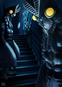 5boys arms_at_sides artist_name baltan_seijin clone colored_skin commentary_request dark door grey_skin highres indoors ito_nobuhiko monster multiple_boys no_humans no_pupils partial_commentary photo_background pincers railing stairs standing tokusatsu ultra_series ultraman_(1st_series) yellow_eyes