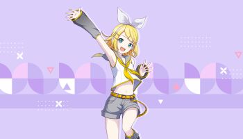 1girl :d aqua_eyes belt blonde_hair bow bow_hairband colorful_palette detached_sleeves game_cg grey_sailor_collar grey_shorts grey_sleeves hair_ornament hairband hairclip headset highres kagamine_rin navel neckerchief official_art open_mouth project_sekai purple_background sailor_collar shirt shorts sleeveless sleeveless_shirt smile solo third-party_source tongue triangle white_bow white_hairband white_shirt yellow_belt yellow_neckerchief