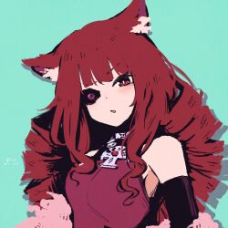 Rule 34 | 1girl, absurdres, animal ear fluff, animal ears, bare shoulders, black gloves, blunt bangs, blurry, blurry background, cat ears, drill hair, elbow gloves, gloves, highres, looking at viewer, red eyes, red hair, rnna, solo, stella hoshii, twin drills, upper body, va-11 hall-a, wavy hair