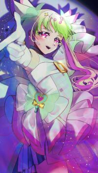 1girl absurdres blonde_hair bow commentary cowboy_shot cure_zukyuun dress dress_bow earrings fortissimo from_side gloves gradient_hair green_hair hair_ornament heart heart_earrings heart_ornament highres jewelry kimi_to_idol_precure looking_at_viewer minccino7 multicolored_hair musical_note musical_note_hair_ornament open_mouth pink_hair pointing pointing_at_viewer precure purirun_(precure) purple_eyes short_dress sleeveless sleeveless_dress smile solo standing streaked_hair white_bow white_dress white_gloves