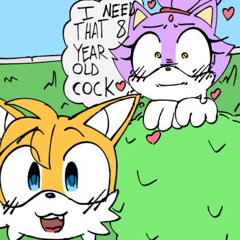 1boy 1girl :d age_difference animal_ears blaze_the_cat blue_eyes blush bush cat_girl constricted_pupils dryegg english_text female_pervert fox fox_boy fox_ears furry furry_female furry_male happy heart highres open_mouth outdoors pervert sanpaku sega shota smile sonic_(series) speech_bubble sweat tails_(sonic) thought_bubble wide-eyed