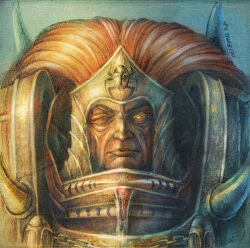 Rule 34 | 1boy, ancient egyptian hat, armor, artist name, breastplate, closed mouth, colored skin, commentary, english commentary, long hair, magnus the red, male focus, missing eye, noldofinve, pauldrons, power armor, primarch, red hair, red skin, scarab, shoulder armor, signature, solo, straight-on, the horned raiment, thousand sons, traditional media, upper body, warhammer 40k, yellow eyes