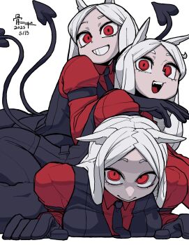 Rule 34 | 3girls, :d, absurdres, animal ears, black gloves, black necktie, black pants, black vest, bone nigi, cerberus (helltaker), dated, demon tail, dog ears, dog girl, gloves, grin, helltaker, highres, long hair, long sleeves, looking at viewer, multiple girls, necktie, open mouth, pants, parted bangs, red eyes, red shirt, shirt, siblings, simple background, sisters, smile, tail, teeth, triplets, upper teeth only, vest, white background, white hair, wing collar