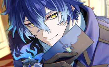 Rule 34 | 1boy, ascot, black gloves, black hair, blue coat, blue hair, coat, flins (genshin fes 2026) (genshin impact), flins (genshin impact), genshin impact, gloves, hair between eyes, holding, long hair, looking at viewer, male focus, multicolored hair, official alternate costume, sato nji, smile, solo, white ascot, yellow eyes