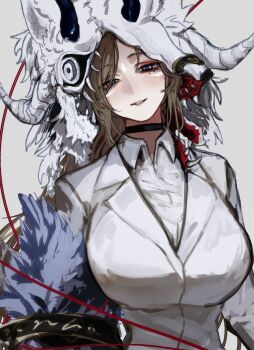 1girl black_background blue_eyes blush breasts brown_hair choker commentary_request formal_clothes gloves highres large_breasts limbus_company looking_at_viewer mask moth_ram project_moon ring_(identity)_(project_moon) rodion_(project_moon) smile string string_of_fate suit