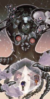 1boy 2girls agent_8_(splatoon) artist_name baseball_cap battering_lento black_background black_boots black_dress black_hat blue_hair bodysuit boots brown_hair chibi colored_skin commentary commentary_request computer cube dark-skinned_female dark_skin dedf1sh dress drone english_commentary gradient_background gradient_hair green_skin hair_between_eyes hat headphones headphones_over_headwear highres holding holding_laptop ink_tank_(splatoon) jacket jelleton laptop long_hair marching_andante marina_(damp_socks_feat._off_the_hook)_(splatoon) marina_(splatoon) mixed-language_commentary multicolored_hair multiple_girls nintendo non-humanoid_robot octoling orange_jacket orange_pants overlorder_(splatoon) pants pearl_(splatoon) pearl_drone_(splatoon) pink_hair red_hair robot short_hair sleeveless sleeveless_bodysuit smollusk_(splatoon) splatoon_(series) splatoon_3 splatoon_3:_side_order swarming_languendo tentacle_hair white_bodysuit white_boots yellow_background yellow_eyes yumospl