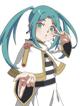 alternate_hairstyle anime_coloring blowing_kiss blush collared_shirt commentary_request cosplay curtained_hair earrings frieren frieren_(cosplay) frieren_blowing_a_kiss gem gold_trim green_eyes guchiknight highres hikimayu jewelry light_blush long_sleeves looking_at_viewer looking_down monogatari_(series) official_style ononoki_yotsugi open_mouth red_earrings red_gem robe shawl shirt sidelocks simple_background sousou_no_frieren striped_clothes striped_shirt thick_eyebrows twintails upper_body v w white_background white_robe white_shawl white_sleeves