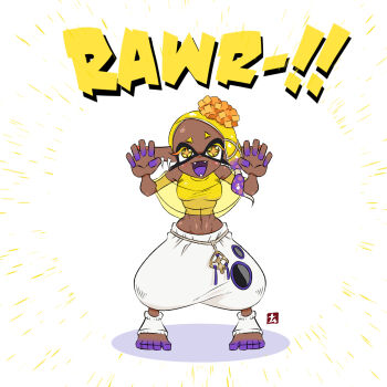 Rule 34 | 1girl, :d, asymmetrical hair, blonde hair, blush, breasts, claw pose, colored skin, colored tongue, commentary request, crop top, dark-skinned female, dark skin, earrings, eyelashes, fangs, food-themed hair ornament, forehead, frye (deep cut outfit) (splatoon), frye (splatoon), full body, gao, gradient hair, hair ornament, hands up, harem pants, highres, inkling, jewelry, looking at viewer, medium breasts, medium hair, midriff, multicolored hair, multicolored skin, multiple earrings, namuro, navel, nintendo, open mouth, pants, pointy ears, purple hair, purple skin, purple tongue, shawl, shirt, simple background, sleeveless, sleeveless shirt, sleeveless turtleneck, smile, socks, solo, splatoon (series), splatoon 3, standing, star-shaped pupils, star (symbol), stomach, symbol-shaped pupils, tentacle hair, toeless legwear, toes, turtleneck, white background, white pants, white socks, yellow eyes, yellow shawl, yellow shirt